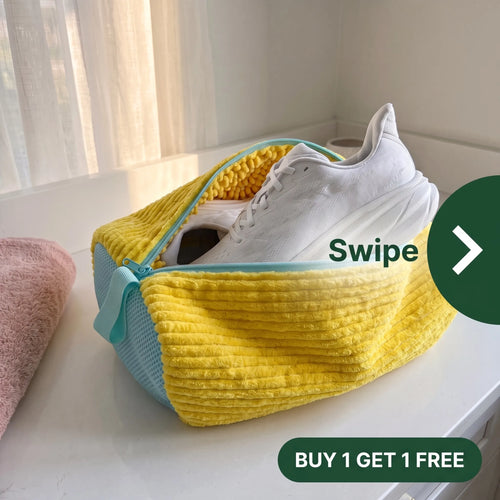 CocoonWeave™ sneaker wash system, open, with a white pair inside. Buy 1 Get 1 Free.