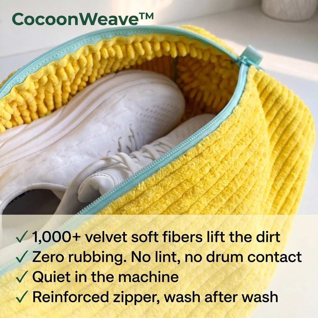 Close-up of the velvet-soft chenille inside the CocoonWeave™ wrapping a white sneaker.
