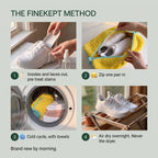 The FineKept Method in four steps: insoles out, zip in, cold cycle with towels, air dry overnight.