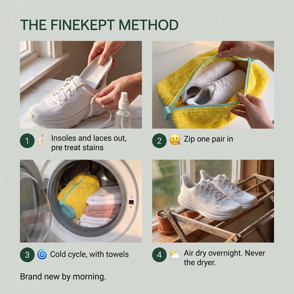 The FineKept Method in four steps: insoles out, zip in, cold cycle with towels, air dry overnight.