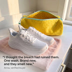 White runners on a towel next to the CocoonWeave™, with a verified buyer review.
