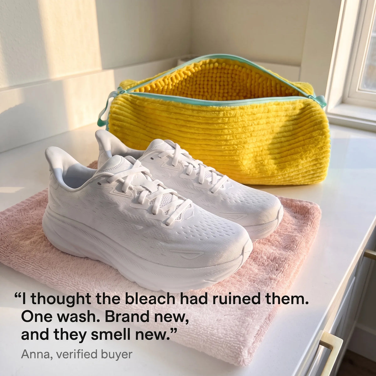White runners on a towel next to the CocoonWeave™, with a verified buyer review.